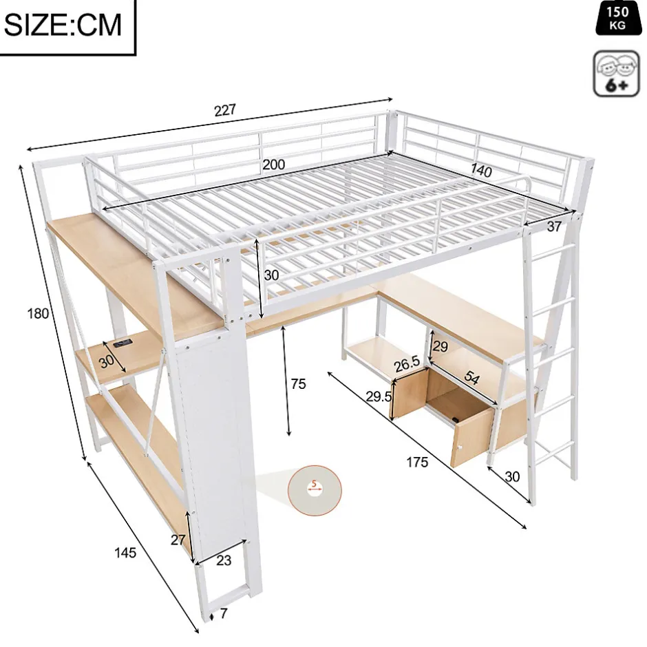 Okwish Lit Mezzanine 140x200 cm - Lit Ado avec Bureau Intégré, LED et Ports USB, Panneau Perforé et Rangement, Métal + MDF, Blanc