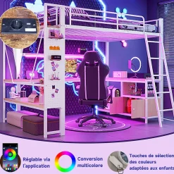 Okwish Lit Mezzanine 140x200 cm - Lit Ado avec Bureau Intégré, LED et Ports USB, Panneau Perforé et Rangement, Métal + MDF, Blanc