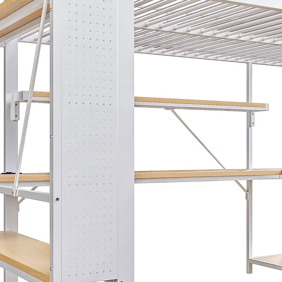 Okwish Lit Mezzanine 140x200 cm - Lit Ado avec Bureau Intégré, LED et Ports USB, Panneau Perforé et Rangement, Métal + MDF, Blanc