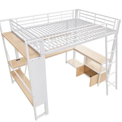 Okwish Lit Mezzanine 140x200 cm - Lit Ado avec Bureau Intégré, LED et Ports USB, Panneau Perforé et Rangement, Métal + MDF, Blanc