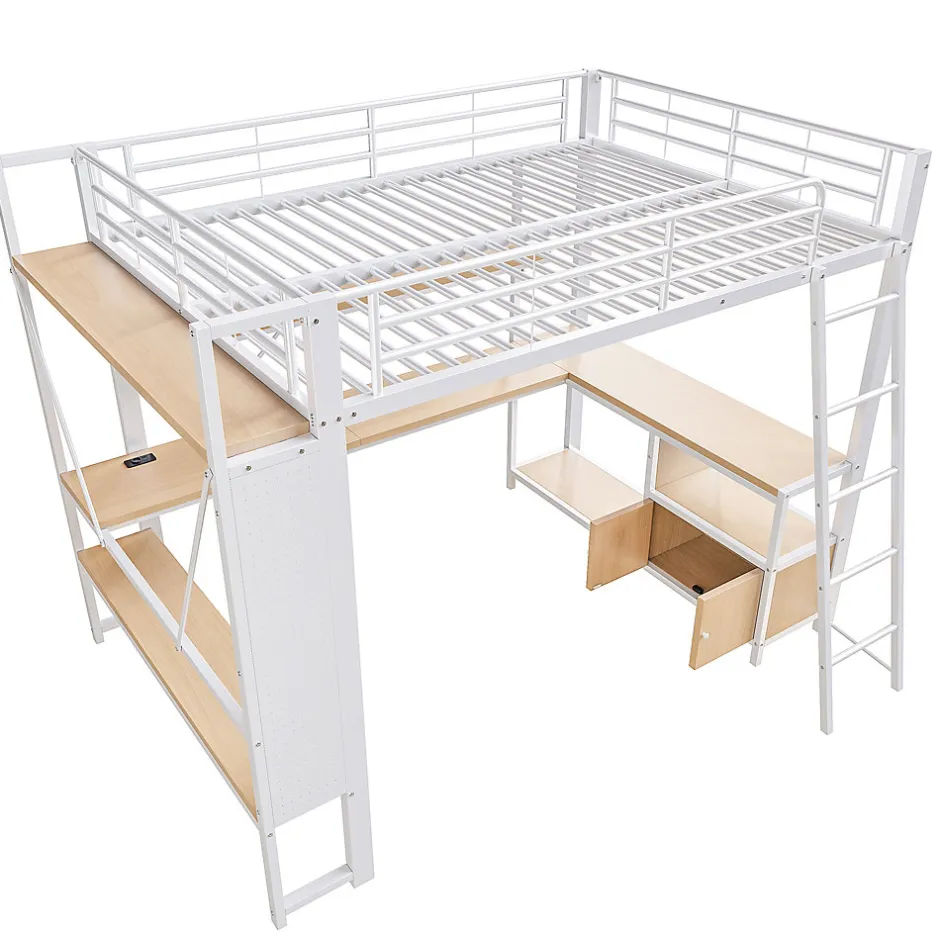 Okwish Lit Mezzanine 140x200 cm - Lit Ado avec Bureau Intégré, LED et Ports USB, Panneau Perforé et Rangement, Métal + MDF, Blanc