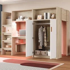 Okwish Lit Mezzanine 90x200 cm - Lit Ado avec Bureau et Armoire Intégrés, Échelle et LED - Sommier Inclus - Sans Matelas - Bois Naturel Clearance