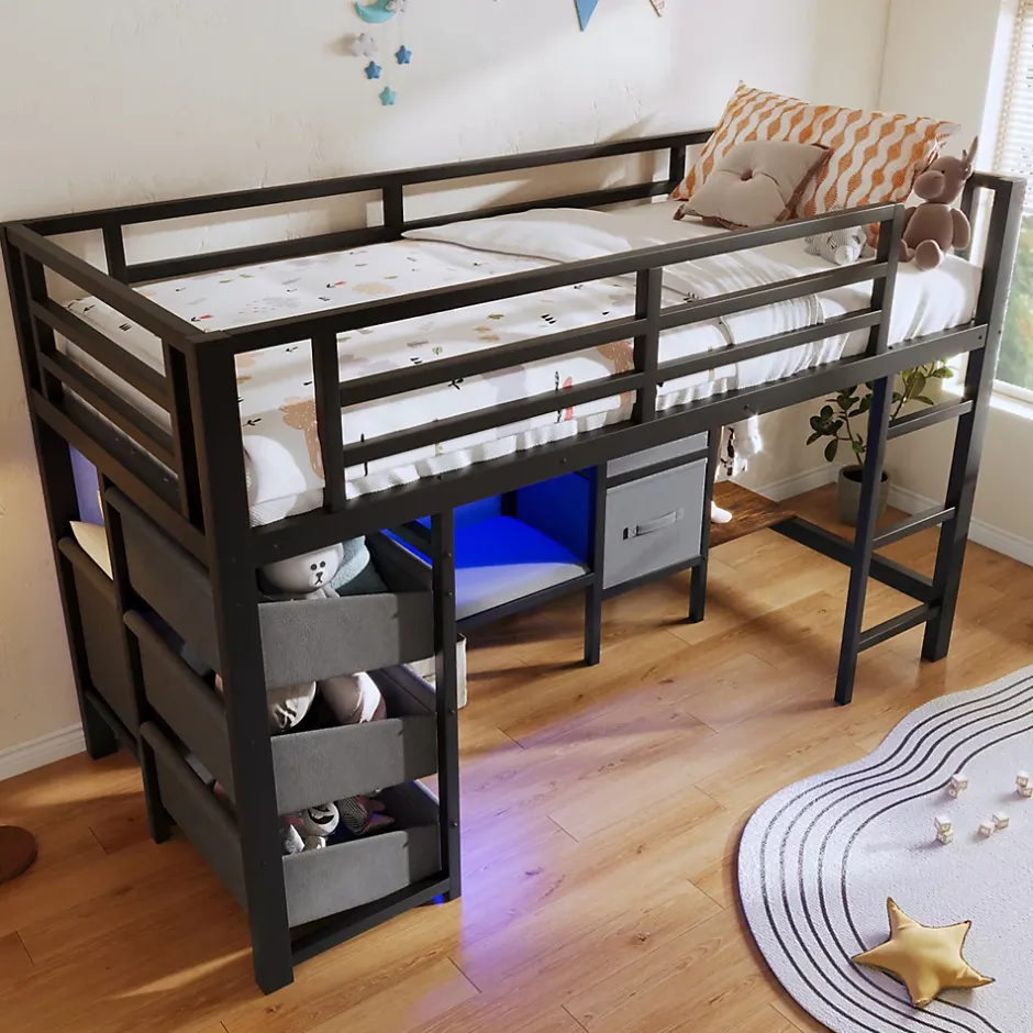 Okwish Lit Mezzanine 90x200 cm - Lit Ado avec LED Intégrée, Tiroirs en Tissu et Crochets pour Vêtements, en Métal - Sans Matelas Noir Best