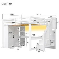 Okwish Lit Mezzanine 140x200 cm - Lit Adulte avec Bureau et Armoire, Escalier de Rangement, LED et USB - sans Matelas - Blanc Hot