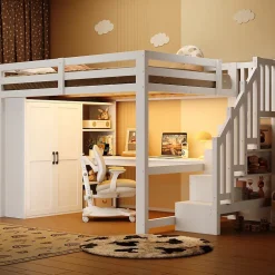 Okwish Lit Mezzanine 140x200 cm - Lit Adulte avec Bureau et Armoire, Escalier de Rangement, LED et USB - sans Matelas - Blanc Hot