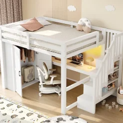Okwish Lit Mezzanine 140x200 cm - Lit Adulte avec Bureau et Armoire, Escalier de Rangement, LED et USB - sans Matelas - Blanc Hot