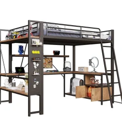 Okwish Lit Mezzanine 140x200 cm - Lit Ado avec Bureau Intégré, LED et Ports USB, Panneau Perforé et Rangement, Métal + MDF, Noir New
