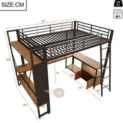 Okwish Lit Mezzanine 140x200 cm - Lit Ado avec Bureau Intégré, LED et Ports USB, Panneau Perforé et Rangement, Métal + MDF, Noir New