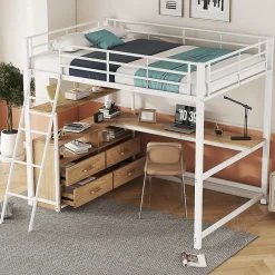 Okwish Lit Mezzanine 140x200 cm - Lit avec Rangement et Bureau en L, Lit Junior en Métal, Sans Matelas - Blanc Online