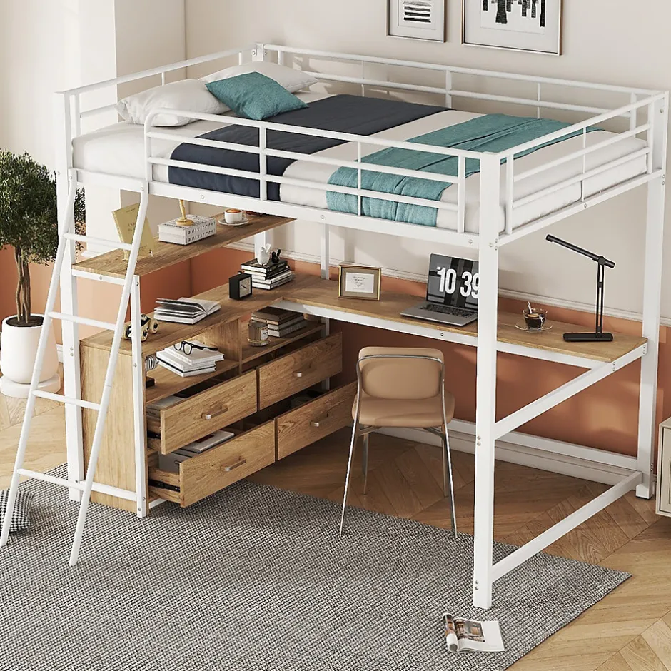 Okwish Lit Mezzanine 140x200 cm - Lit avec Rangement et Bureau en L, Lit Junior en Métal, Sans Matelas - Blanc Online