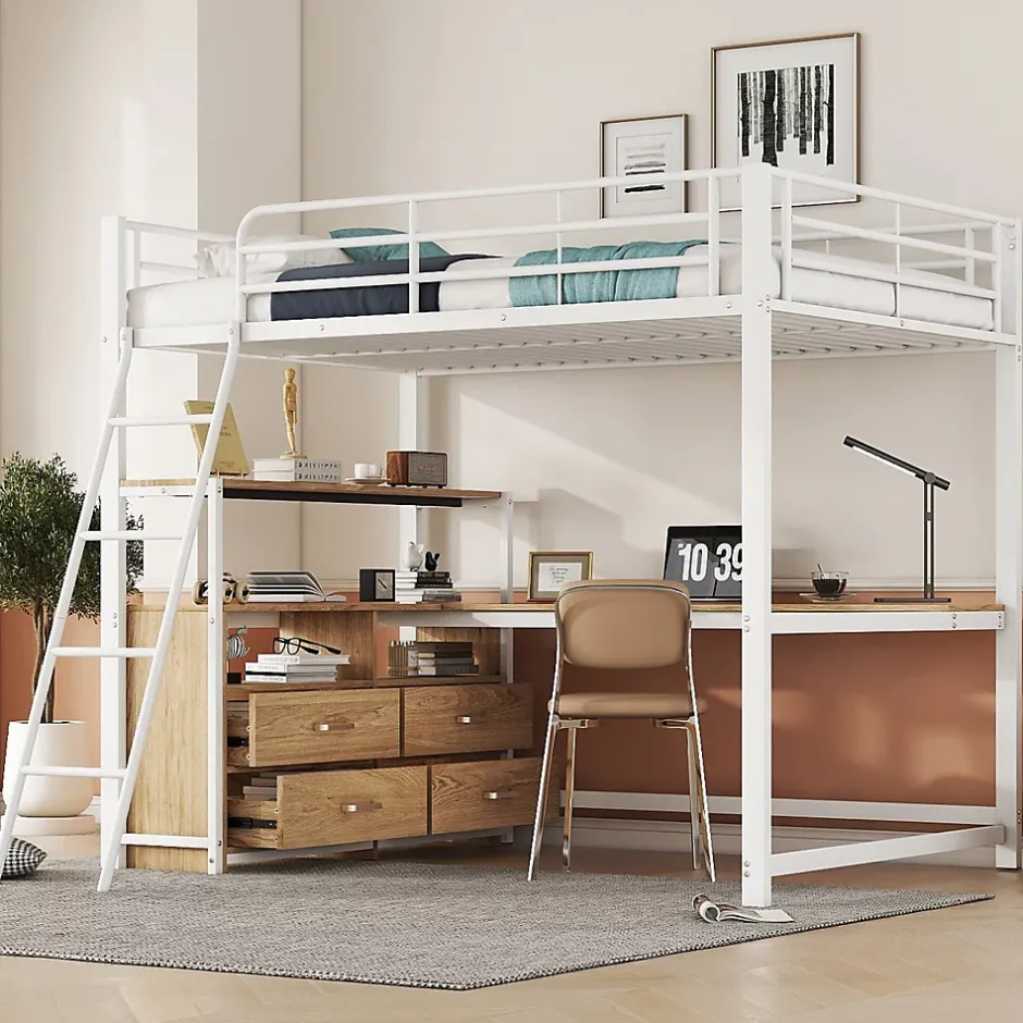 Okwish Lit Mezzanine 140x200 cm - Lit avec Rangement et Bureau en L, Lit Junior en Métal, Sans Matelas - Blanc Online