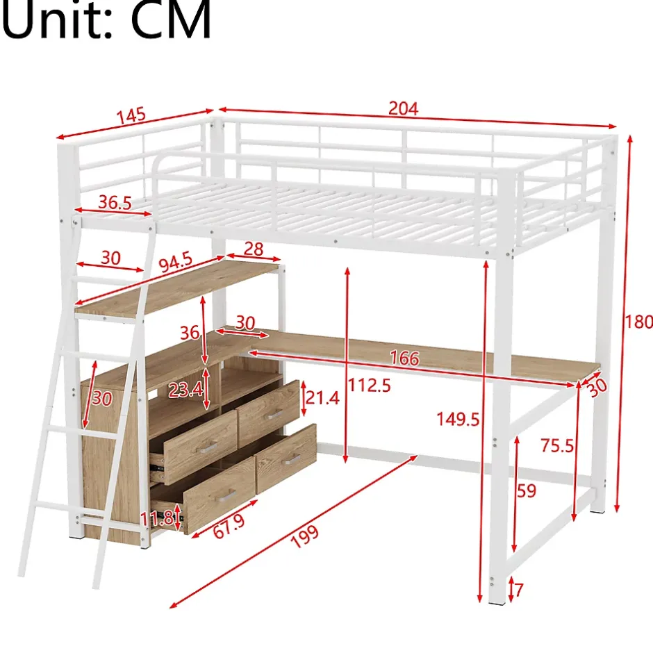 Okwish Lit Mezzanine 140x200 cm - Lit avec Rangement et Bureau en L, Lit Junior en Métal, Sans Matelas - Blanc Online
