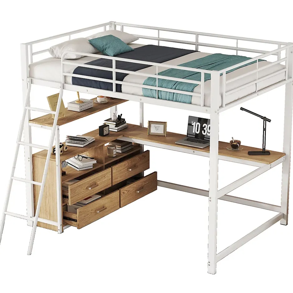Okwish Lit Mezzanine 140x200 cm - Lit avec Rangement et Bureau en L, Lit Junior en Métal, Sans Matelas - Blanc Online