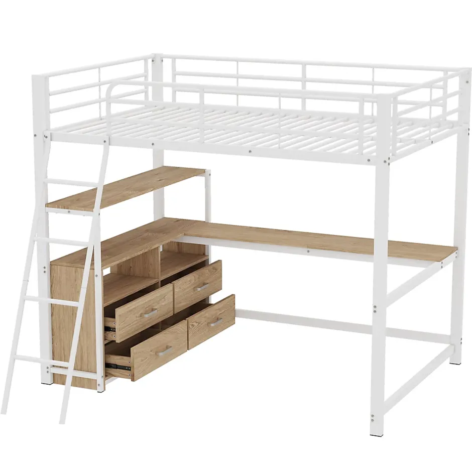 Okwish Lit Mezzanine 140x200 cm - Lit avec Rangement et Bureau en L, Lit Junior en Métal, Sans Matelas - Blanc Online