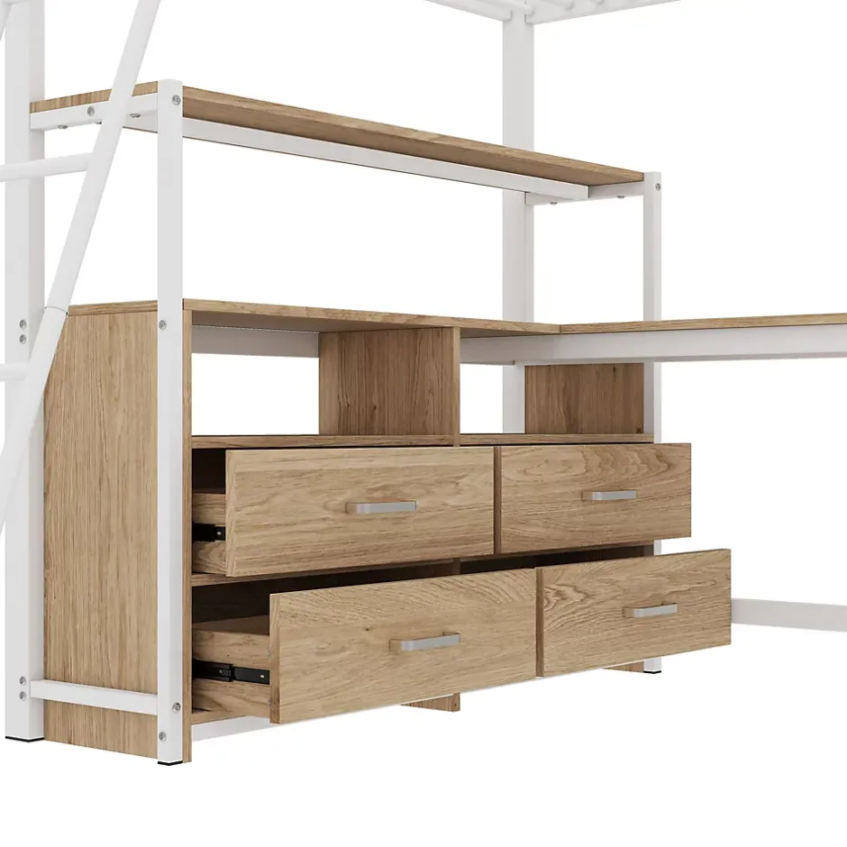 Okwish Lit Mezzanine 140x200 cm - Lit avec Rangement et Bureau en L, Lit Junior en Métal, Sans Matelas - Blanc Online