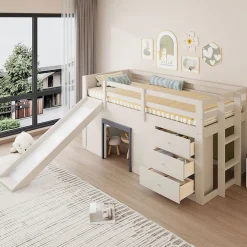 Okwish Lit mezzanine 90x200 cm - Lit avec rangement et toboggan - MDF et Pin - Sans matelas - Crème