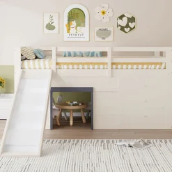Okwish Lit mezzanine 90x200 cm - Lit avec rangement et toboggan - MDF et Pin - Sans matelas - Crème