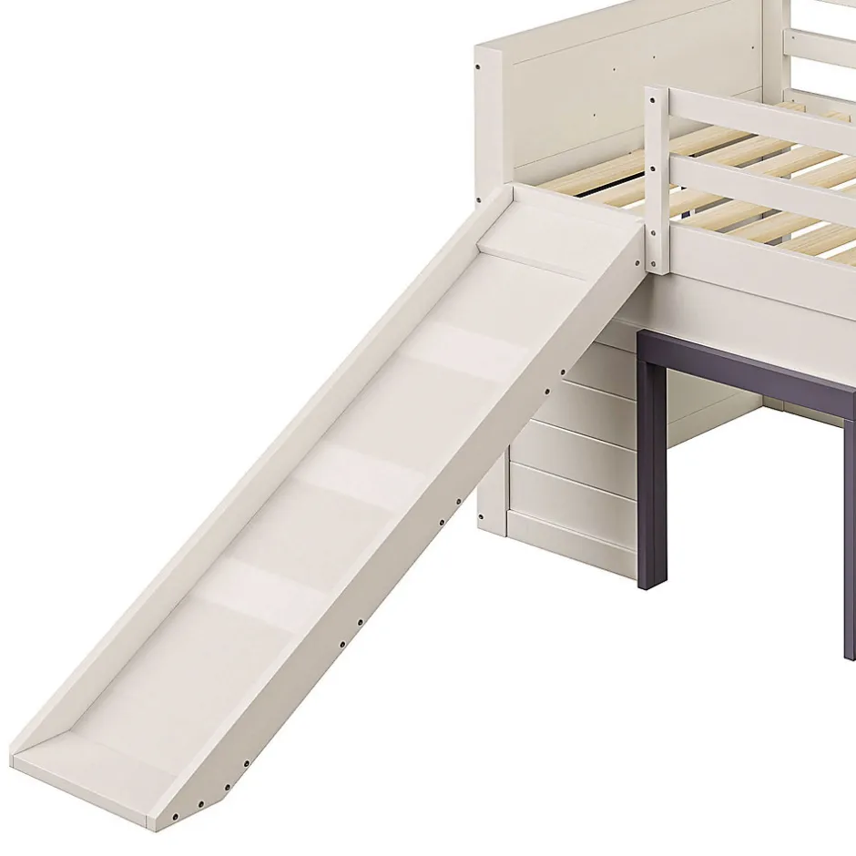 Okwish Lit mezzanine 90x200 cm - Lit avec rangement et toboggan - MDF et Pin - Sans matelas - Crème