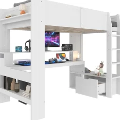 Okwish Lit mezzanine 90x200 cm - Lit avec bureau intégré et LED 16 s - Pin et MDF - Sans matelas - Blanc Discount