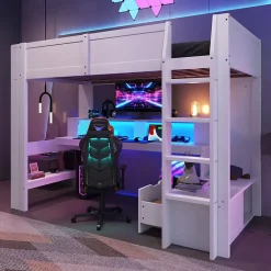 Okwish Lit mezzanine 90x200 cm - Lit avec bureau intégré et LED 16 s - Pin et MDF - Sans matelas - Blanc Discount