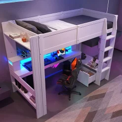 Okwish Lit mezzanine 90x200 cm - Lit avec bureau intégré et LED 16 s - Pin et MDF - Sans matelas - Blanc Discount