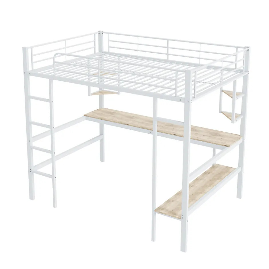 Generique Lit mezzanine 140x200 cm - Lit avec bureau et étagères - Métal + MDF - Sans matelas - Blanc