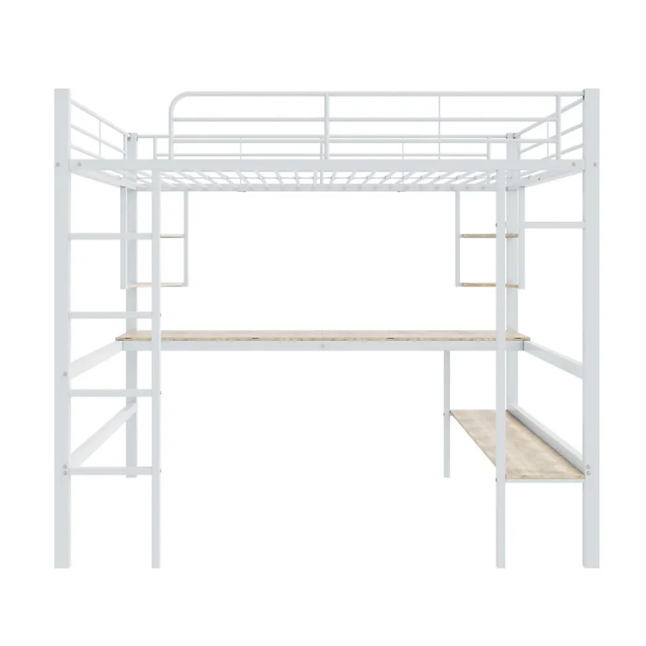 Generique Lit mezzanine 140x200 cm - Lit avec bureau et étagères - Métal + MDF - Sans matelas - Blanc