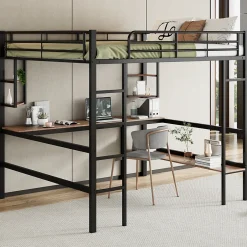 Generique Lit mezzanine 140x200 cm - Lit avec bureau et étagères - Métal + MDF - Sans matelas - Noir