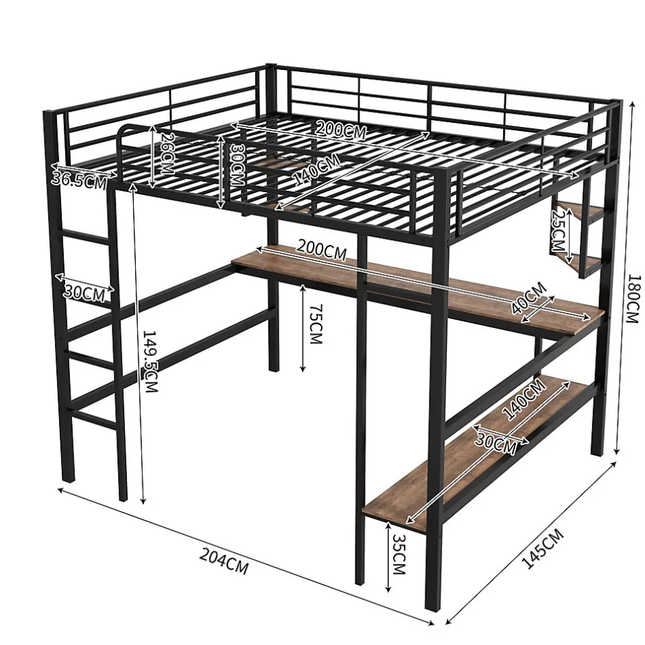 Generique Lit mezzanine 140x200 cm - Lit avec bureau et étagères - Métal + MDF - Sans matelas - Noir