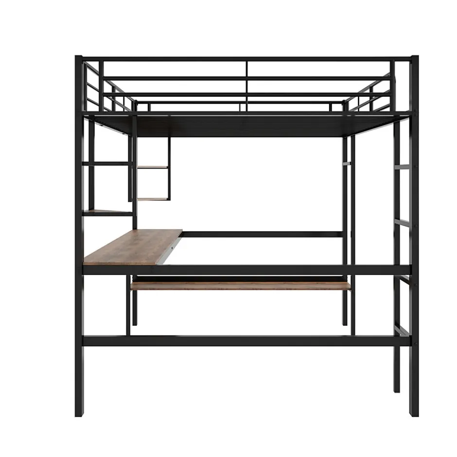 Generique Lit mezzanine 140x200 cm - Lit avec bureau et étagères - Métal + MDF - Sans matelas - Noir
