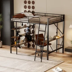 Okwish Lit mezzanine 90x200 cm - Lit avec bureau intégré - Structure métal - Sans matelas - Noir