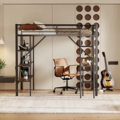 Okwish Lit mezzanine 90x200 cm - Lit avec bureau intégré - Structure métal - Sans matelas - Noir
