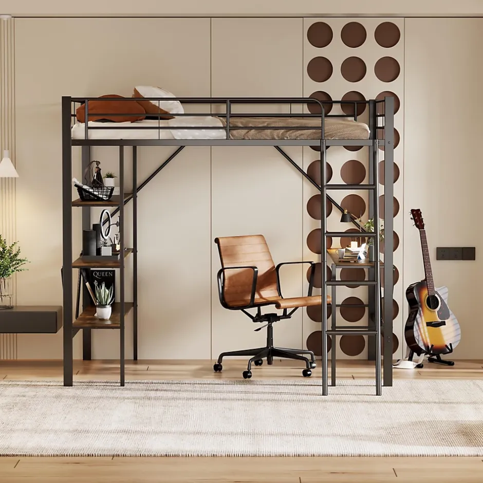 Okwish Lit mezzanine 90x200 cm - Lit avec bureau intégré - Structure métal - Sans matelas - Noir
