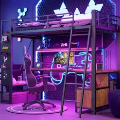 Okwish Lit Mezzanine 90x200 cm - Lit Ado avec Bureau Intégré, LED et Ports USB, Panneau Perforé et Rangement, Métal + MDF, Noir Best