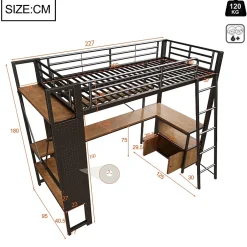 Okwish Lit Mezzanine 90x200 cm - Lit Ado avec Bureau Intégré, LED et Ports USB, Panneau Perforé et Rangement, Métal + MDF, Noir Best