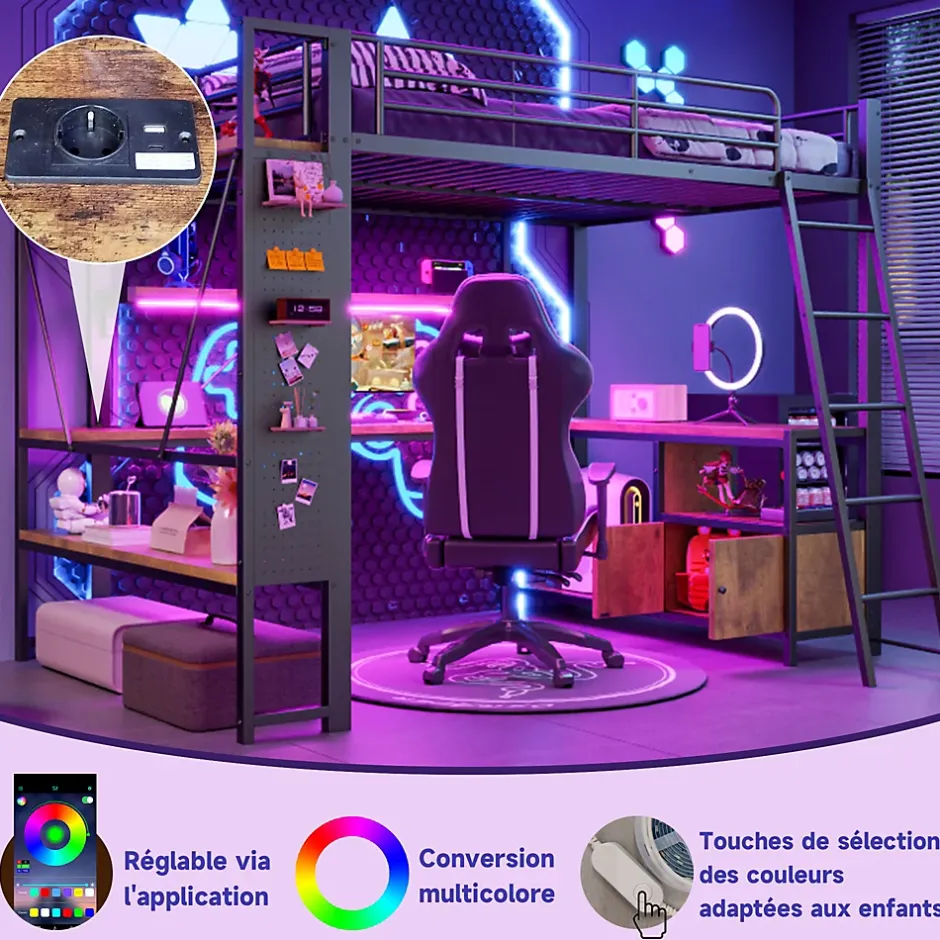 Okwish Lit Mezzanine 90x200 cm - Lit Ado avec Bureau Intégré, LED et Ports USB, Panneau Perforé et Rangement, Métal + MDF, Noir Best