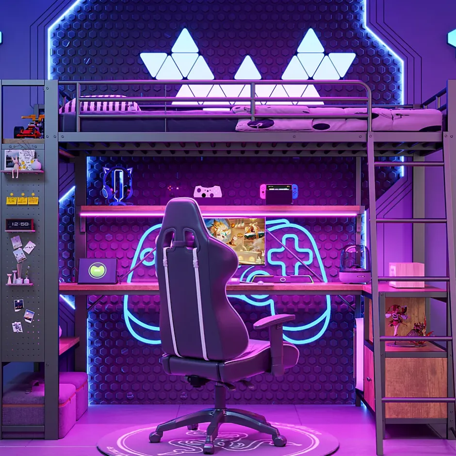 Okwish Lit Mezzanine 90x200 cm - Lit Ado avec Bureau Intégré, LED et Ports USB, Panneau Perforé et Rangement, Métal + MDF, Noir Best
