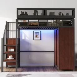 Okwish Lit Mezzanine 90x200 cm - Lit Ado avec Armoire et Éclairage LED, Garde-Corps en Filet - Sans Matelas - Métal et MDF - Noir Sale