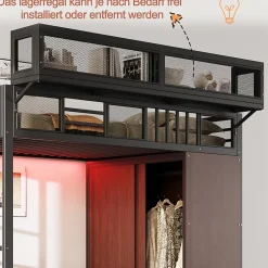 Okwish Lit Mezzanine 90x200 cm - Lit Ado avec Armoire et Éclairage LED, Garde-Corps en Filet - Sans Matelas - Métal et MDF - Noir Sale