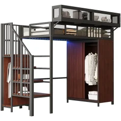 Okwish Lit Mezzanine 90x200 cm - Lit Ado avec Armoire et Éclairage LED, Garde-Corps en Filet - Sans Matelas - Métal et MDF - Noir Sale