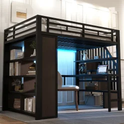 Okwish Lit Mezzanine 140x200 cm - Lit Ado avec Bureau Intégré, LED et Escalier de Rangement, Métal + MDF, Noir