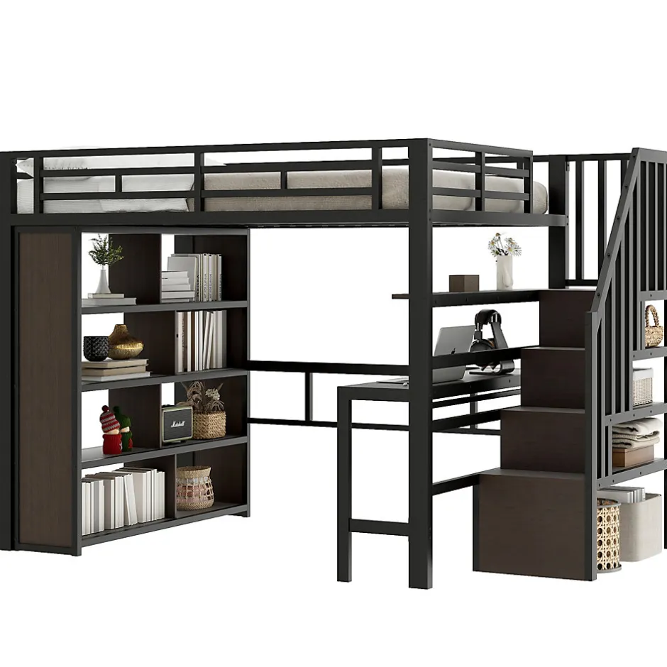 Okwish Lit Mezzanine 140x200 cm - Lit Ado avec Bureau Intégré, LED et Escalier de Rangement, Métal + MDF, Noir