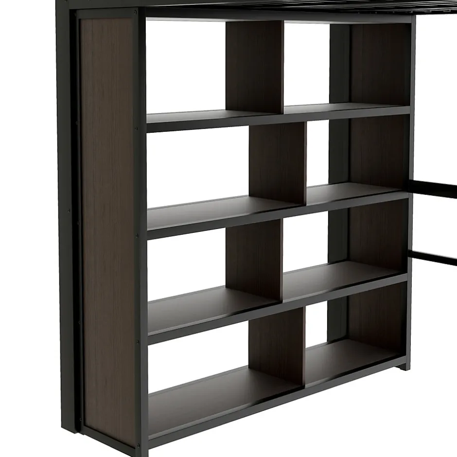 Okwish Lit Mezzanine 140x200 cm - Lit Ado avec Bureau Intégré, LED et Escalier de Rangement, Métal + MDF, Noir