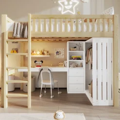 Okwish Lit Mezzanine 140x200 cm - Lit Ado avec Bureau Intégré, Armoire et 3 Tiroirs, Échelle et Garde-Corps, Bois Naturel - sans Matelas