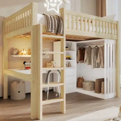Okwish Lit Mezzanine 140x200 cm - Lit Ado avec Bureau Intégré, Armoire et 3 Tiroirs, Échelle et Garde-Corps, Bois Naturel - sans Matelas