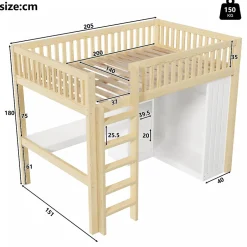 Okwish Lit Mezzanine 140x200 cm - Lit Ado avec Bureau Intégré, Armoire et 3 Tiroirs, Échelle et Garde-Corps, Bois Naturel - sans Matelas