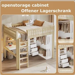Okwish Lit Mezzanine 140x200 cm - Lit Ado avec Bureau Intégré, Armoire et 3 Tiroirs, Échelle et Garde-Corps, Bois Naturel - sans Matelas