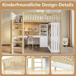 Okwish Lit Mezzanine 140x200 cm - Lit Ado avec Bureau Intégré, Armoire et 3 Tiroirs, Échelle et Garde-Corps, Bois Naturel - sans Matelas