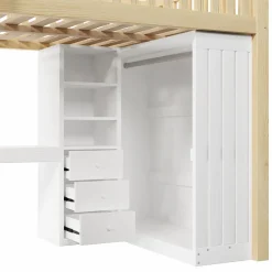 Okwish Lit Mezzanine 140x200 cm - Lit Ado avec Bureau Intégré, Armoire et 3 Tiroirs, Échelle et Garde-Corps, Bois Naturel - sans Matelas