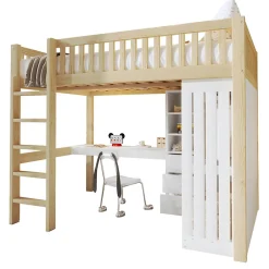Okwish Lit Mezzanine 140x200 cm - Lit Ado avec Bureau Intégré, Armoire et 3 Tiroirs, Échelle et Garde-Corps, Bois Naturel - sans Matelas
